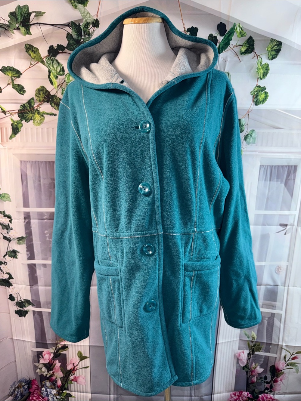 2003-Susan Graver Teal Hooded Fleece Jacket